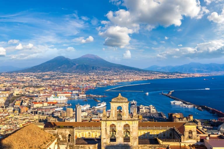 Napoli (Naples) and mount Vesuvius in the background at sunset in a summer day, Italy, Campania
