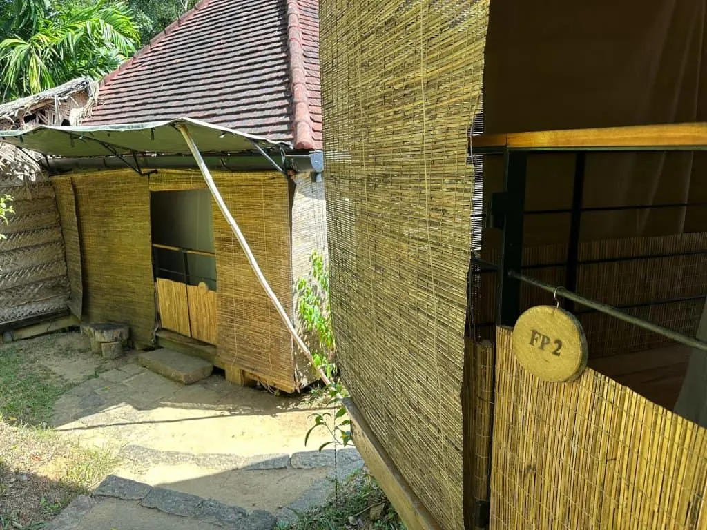 The entrances to our two forest pavilions at Living Heritage Koslanda