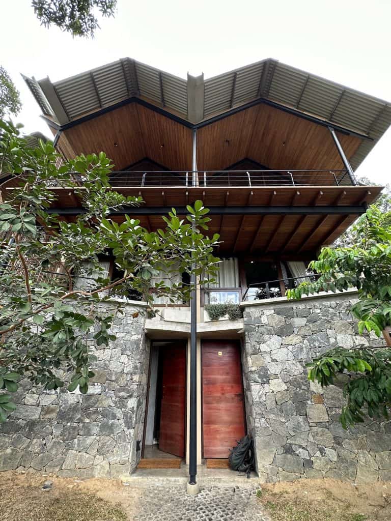 The front doors to our deluxe double rooms at SWP Eco Lodge in Kandy. the doors are on ground level and the bedrooms and balconies are on the first floor