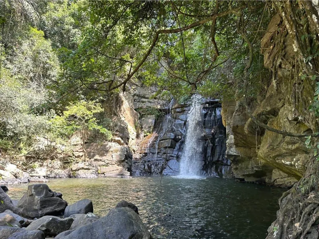 Tree lined waterfall and natural pool at Koslanda