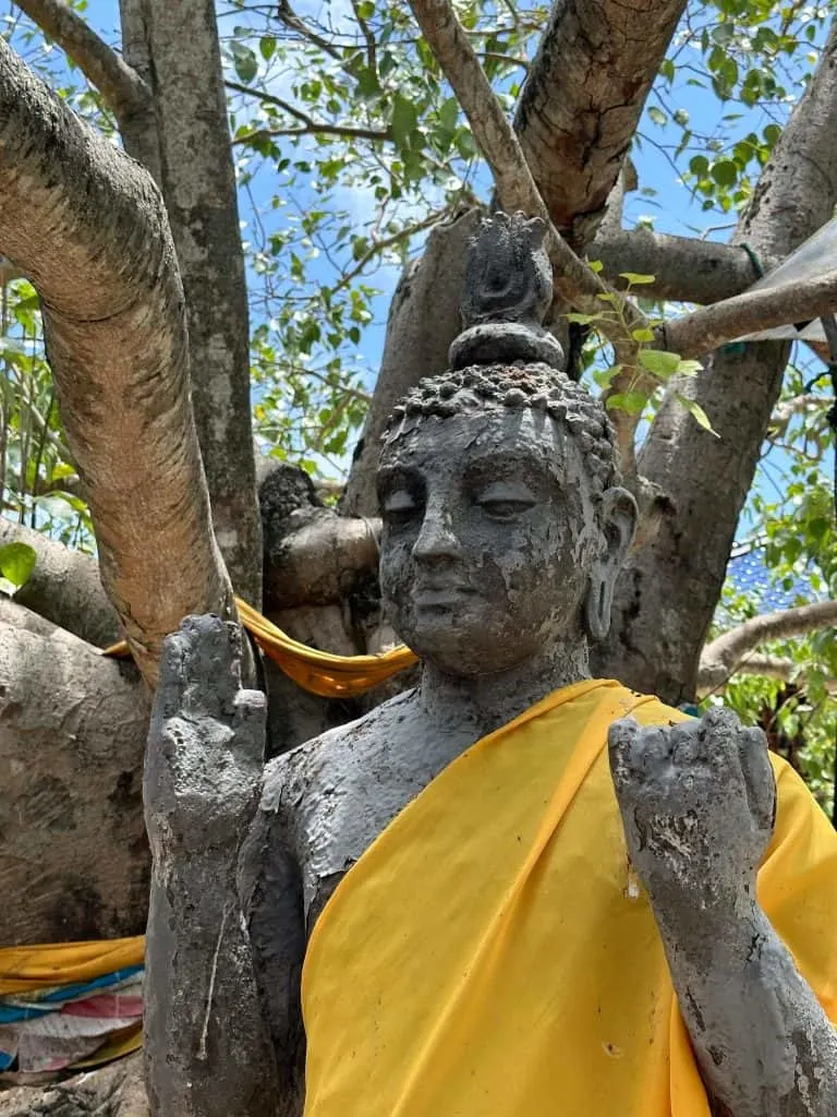 Close up of a weathered Buddha statue draped in a yellow robe