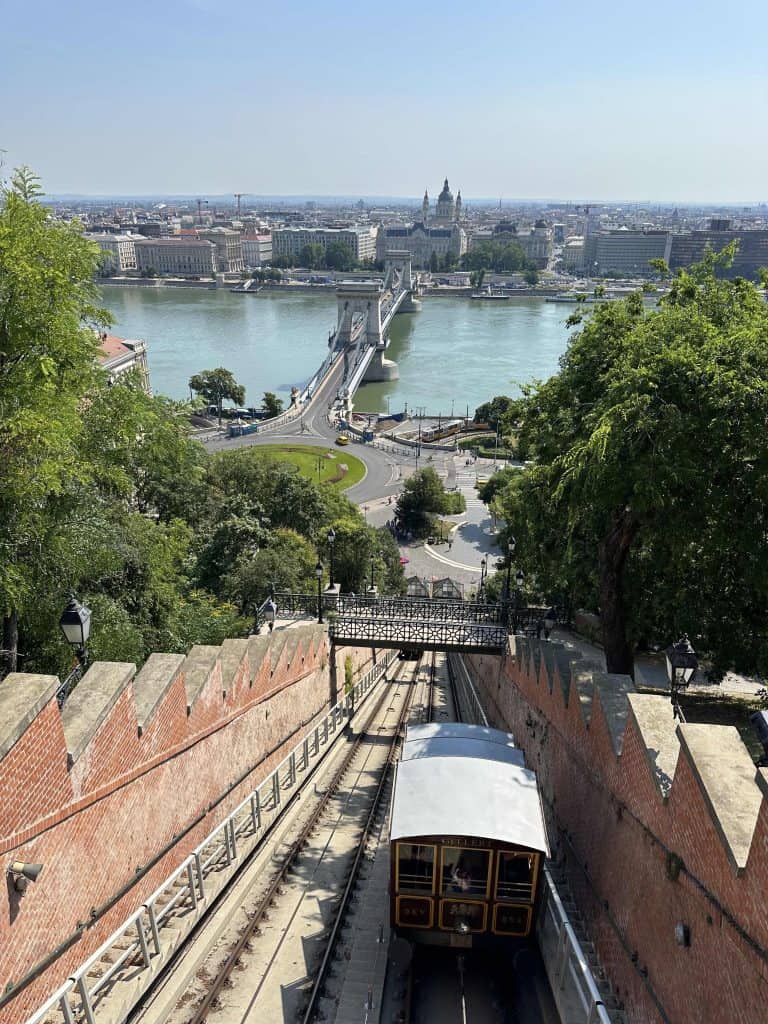 A view from the top of Budapest Funicular. You can see down the track and beyond to the Danube River