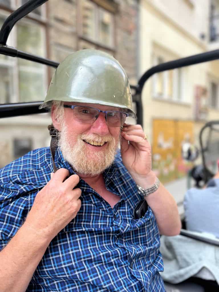 Mr Tin Box's dad wearing a Second World War style tin helmet