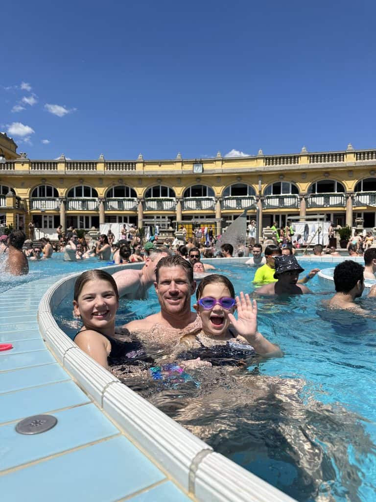 Mr Tin Box and the girls enjoying a ride around the lazy river at Széchenyi Thermal Bath
