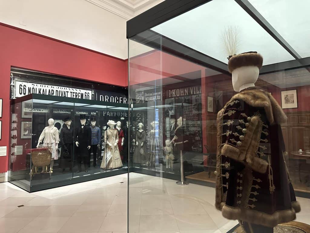 Display cabinets in the Hungarian National Museum containing national costumes and period outfits from the 19th and 20th Century