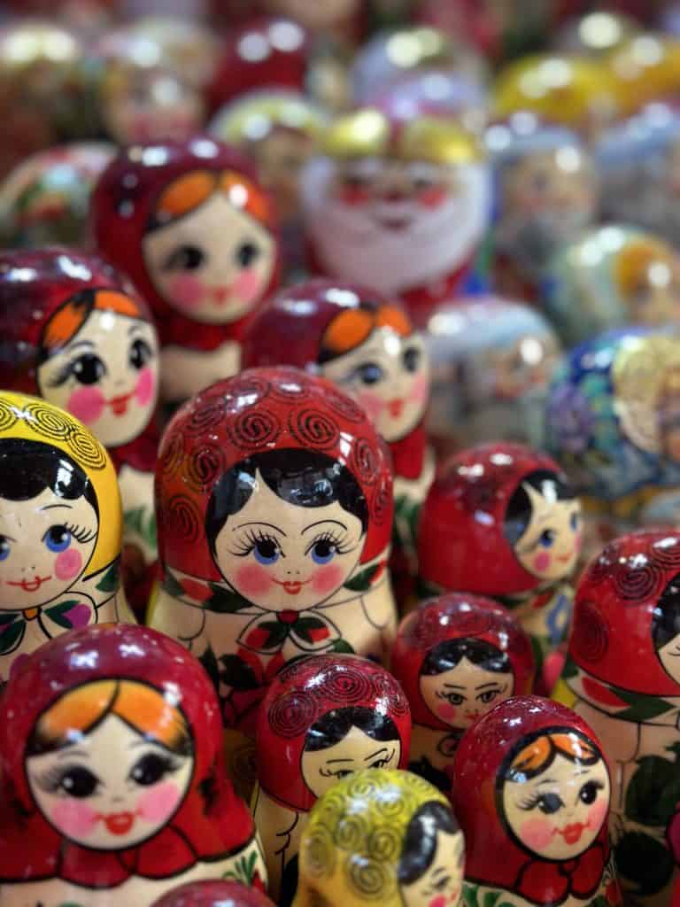 A close up of a collection of Russian dolls on sale at Central Market Hall