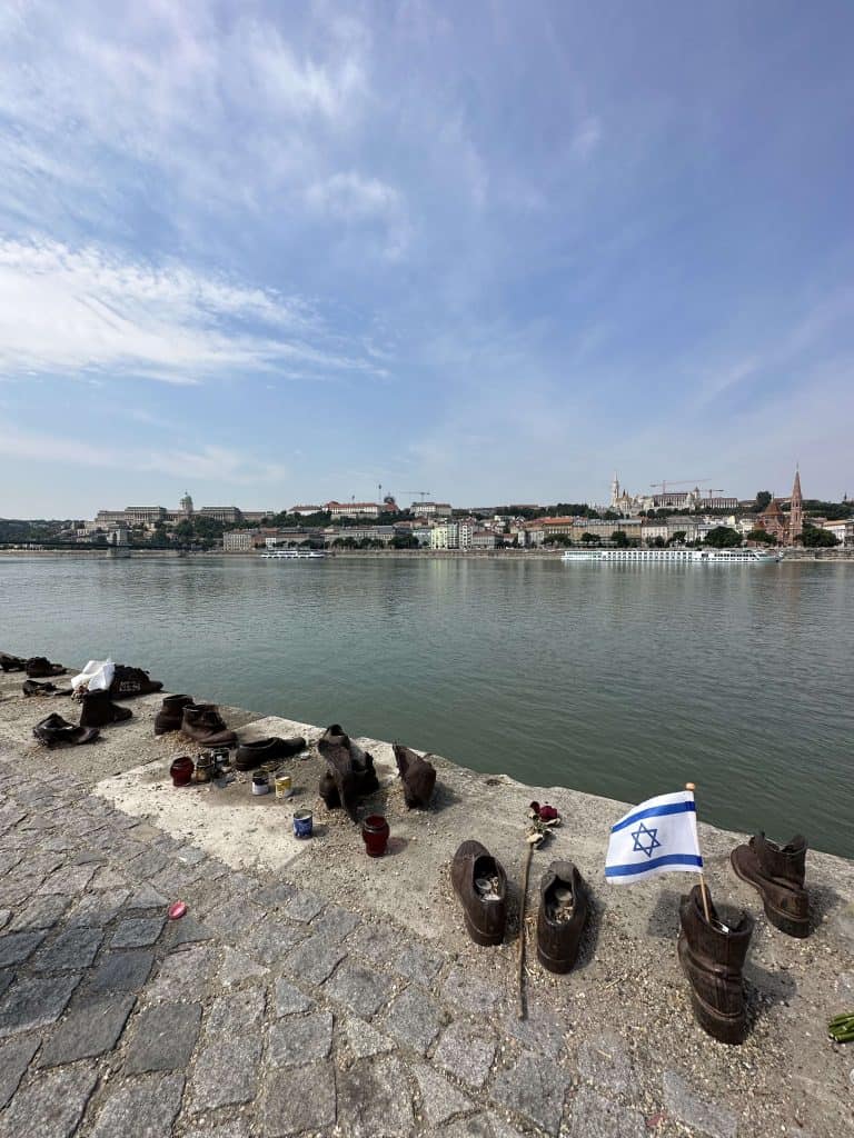 Metal shoes lined up on the side of the Danube River
