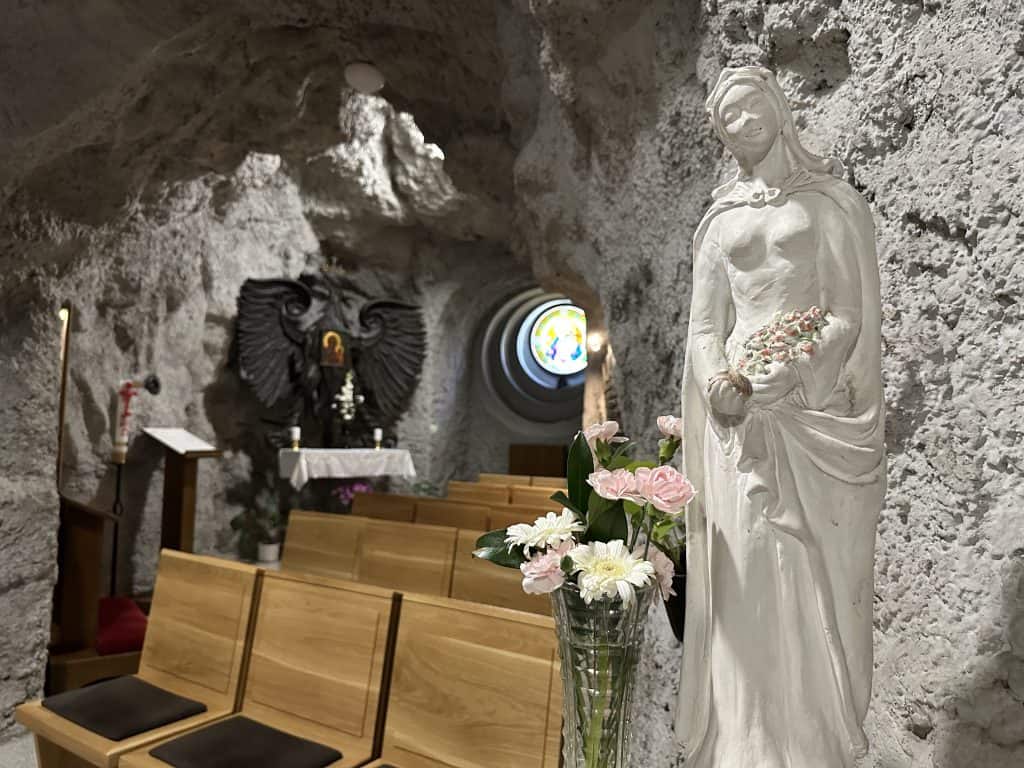 A statue of the Virgin Mary inside the Cave Church in Gallery Hill, Budapest