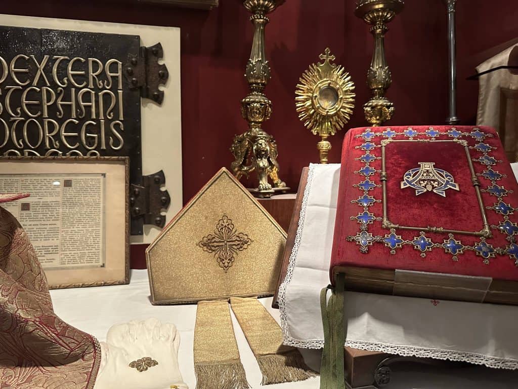 Religious relics and treasures displayed in the Treasury of St Stephen's Basilica.