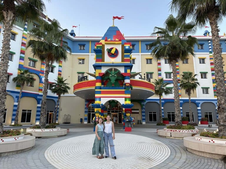 Our girls stood in front of the entrance to the Legoland hotel in Dubai