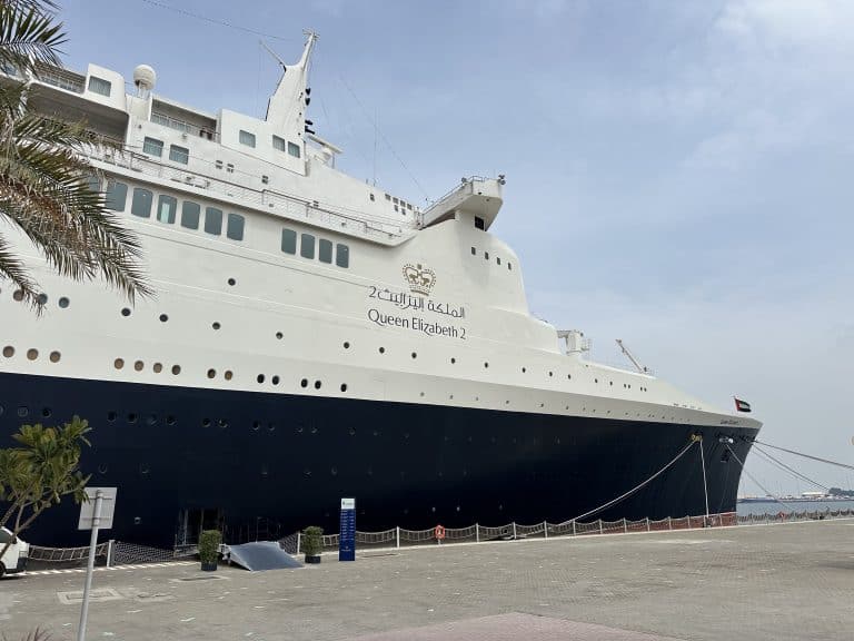 A view of the QE2 Hotel bow from the dockside in Dubai
