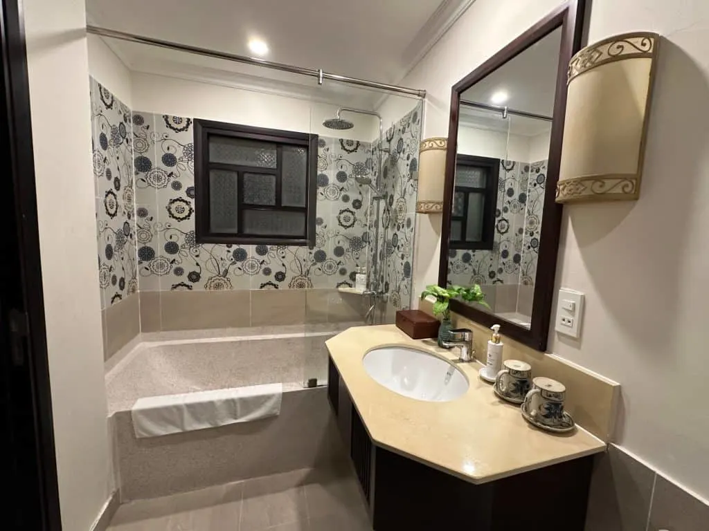 The bathroom in our Riverside hotel room at Lantana Riverside Hotel in Hoi An