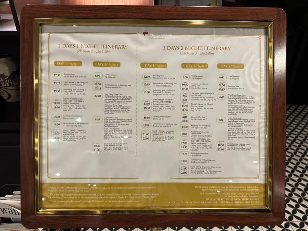 A notice board with a print off of the two day one night and three day two night itineraries