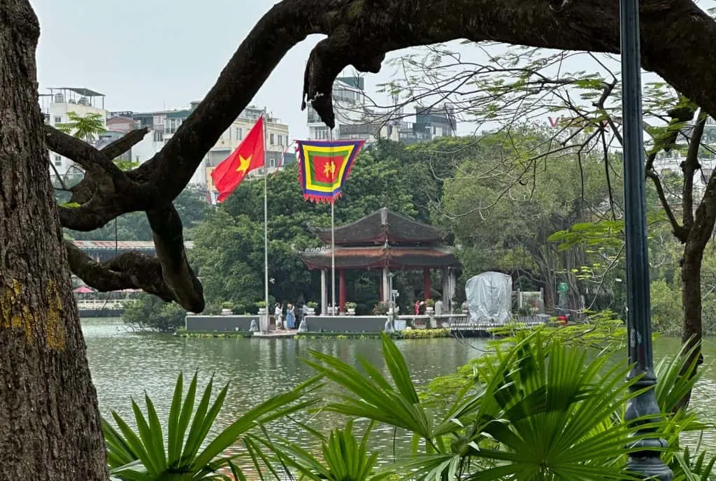 A view of Ngoc Son Temple across Hoan Kiem Lake in Hanoi