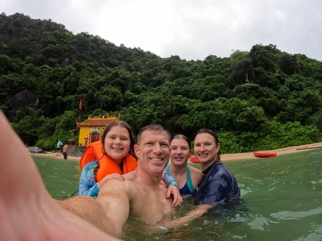 Our family swimming in the Three Peach area around Cat Ba island in Vietnam