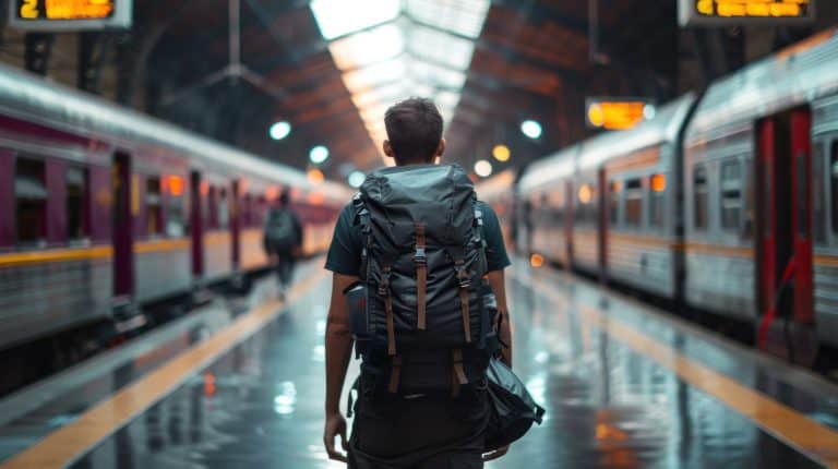 A man with a backpack walks between trains on a train station. travel concept.