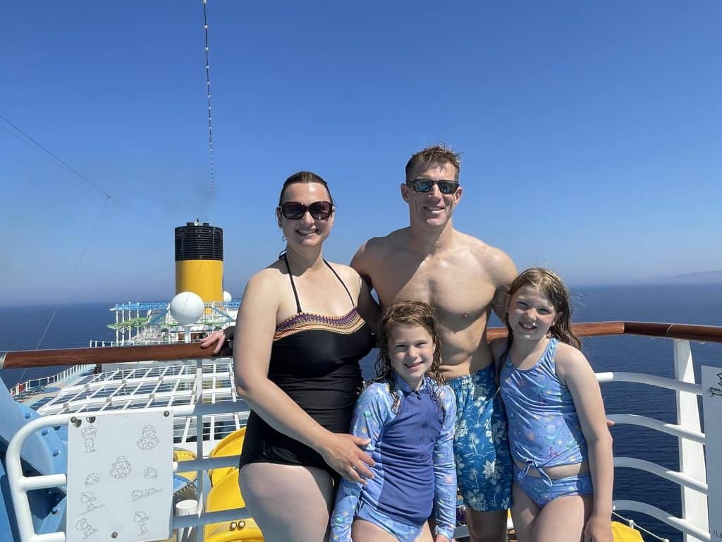 Our family on the upper deck of a cruise ship waiting for a go on the water slides