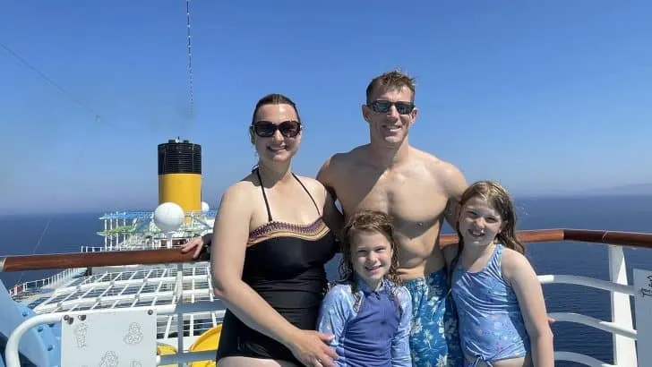 Our family on the upper deck of a cruise ship waiting for a go on the water slides