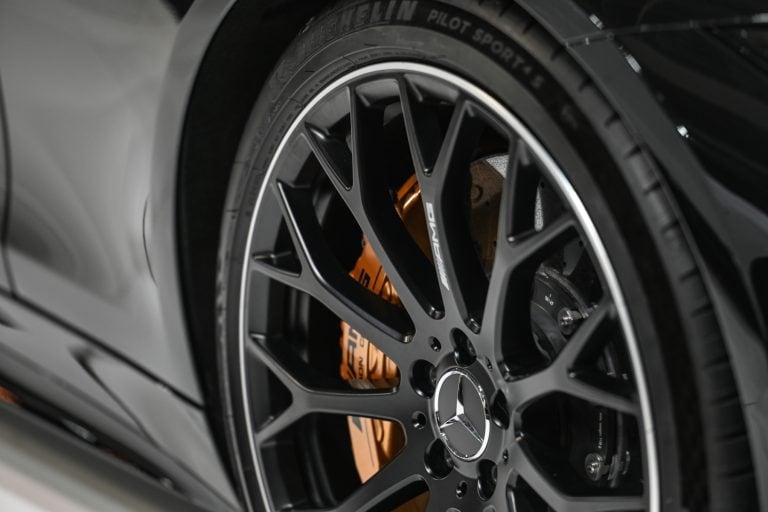 Mercedes wheel on a grey car