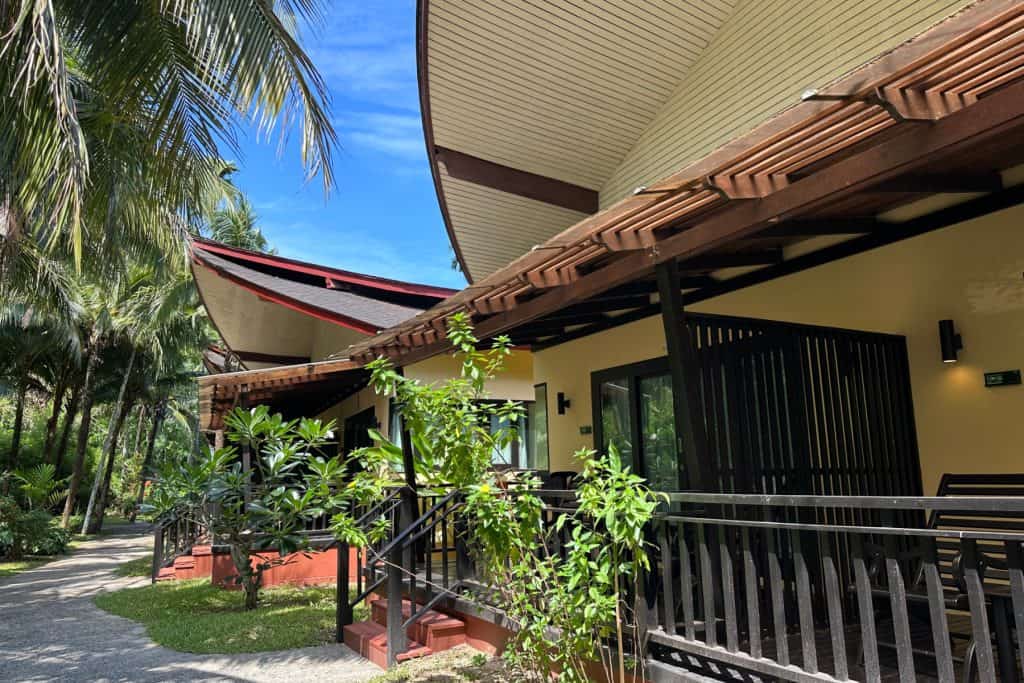 The peaked roof fronts of our Aonang Phu Petra bungalows