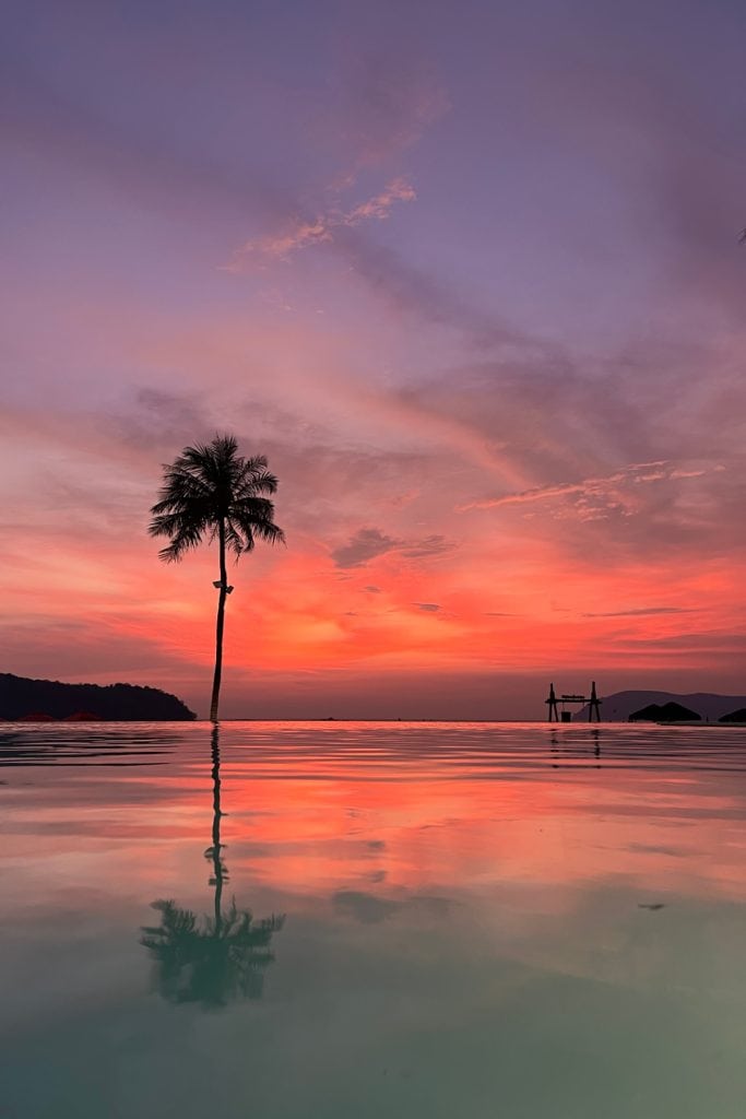 Beautiful sunset with a lone palm tree reflected in the swimming pool at Holiday Villas Langkawi