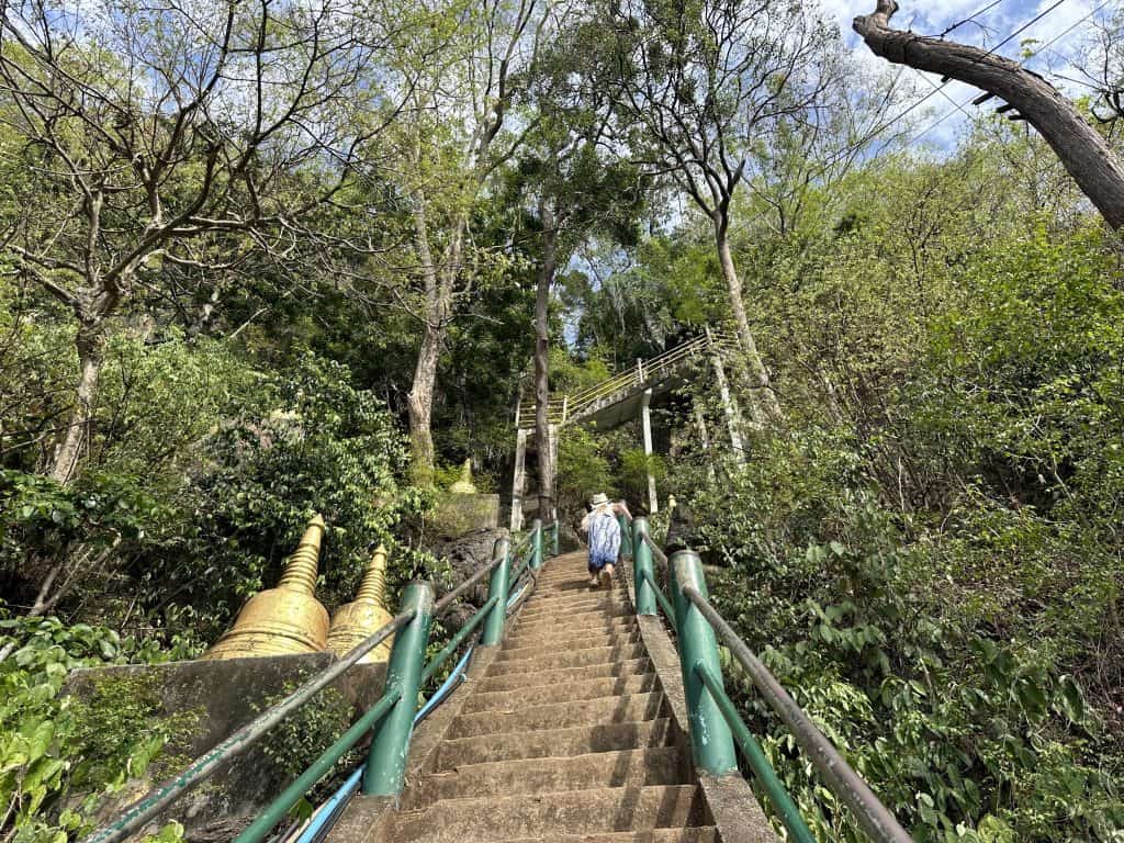 My daughter climbing the steps up the Tiger Temple Mountain. Theer are golden bells to the left and walk ways crossing over further up the steep climb