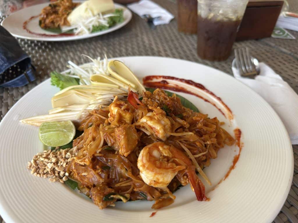 Prawn pad thai beautifully presented at Andalay Beach Bar