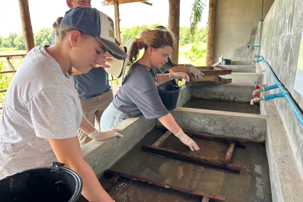 Mis hijas haciendo papel de caca de elefante.