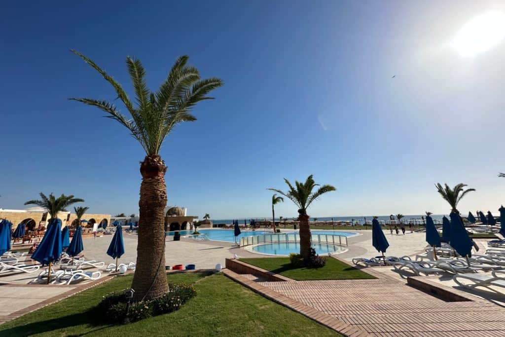 Palmeras frente al complejo de piscinas del hotel Mercure Hurghada. A lo lejos se puede ver el mar. Es un día soleado con un cielo azul brillante.