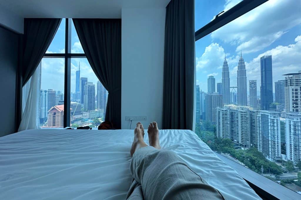 View of the Petronas Towers and Kuala Lumpur cityscape from the master bed of our three bedroom apartment at Eaton Residence