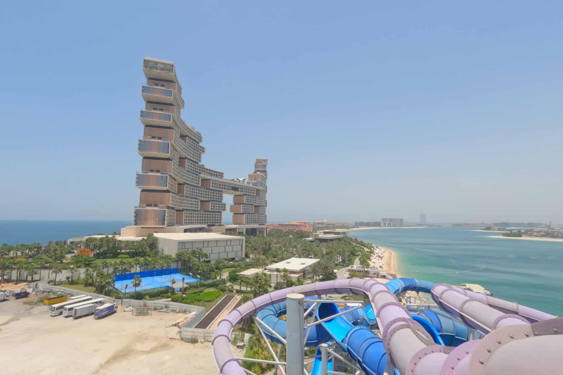 A view of Atlantis The Royal from the top of a slide at Aquaventure World in Dubai