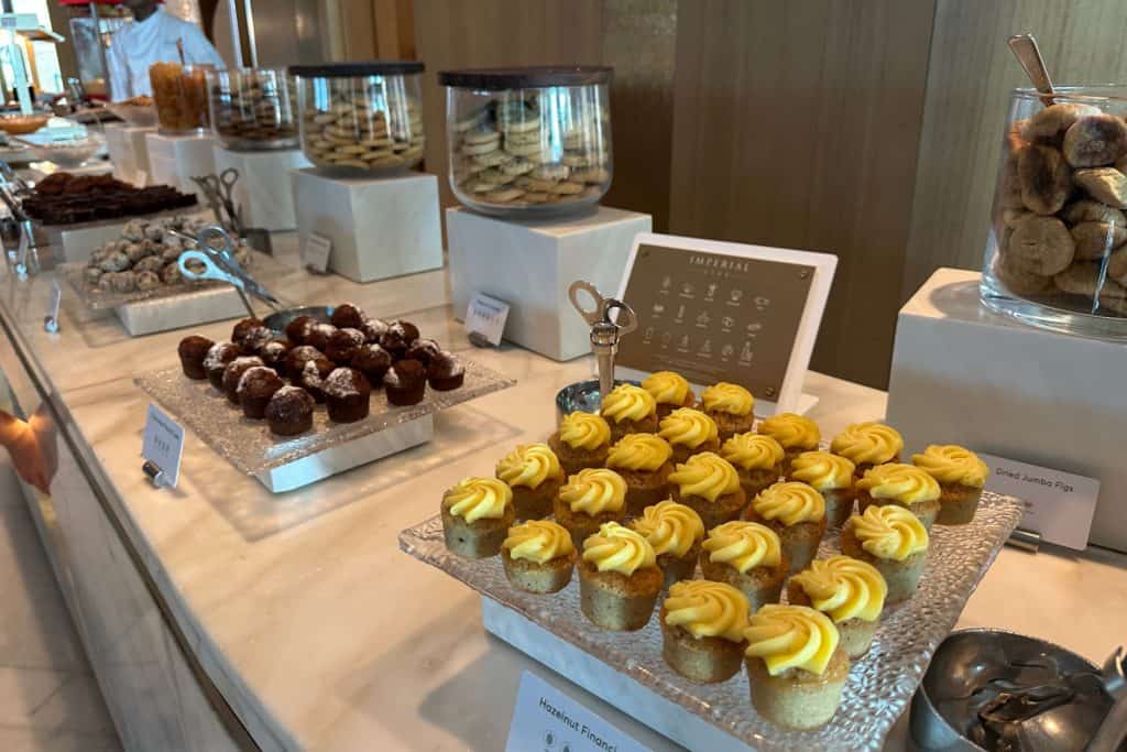 Platters of cakes at the afternoon tea in the Imperial Club Lounge at the Atlantis Hotel in Dubai