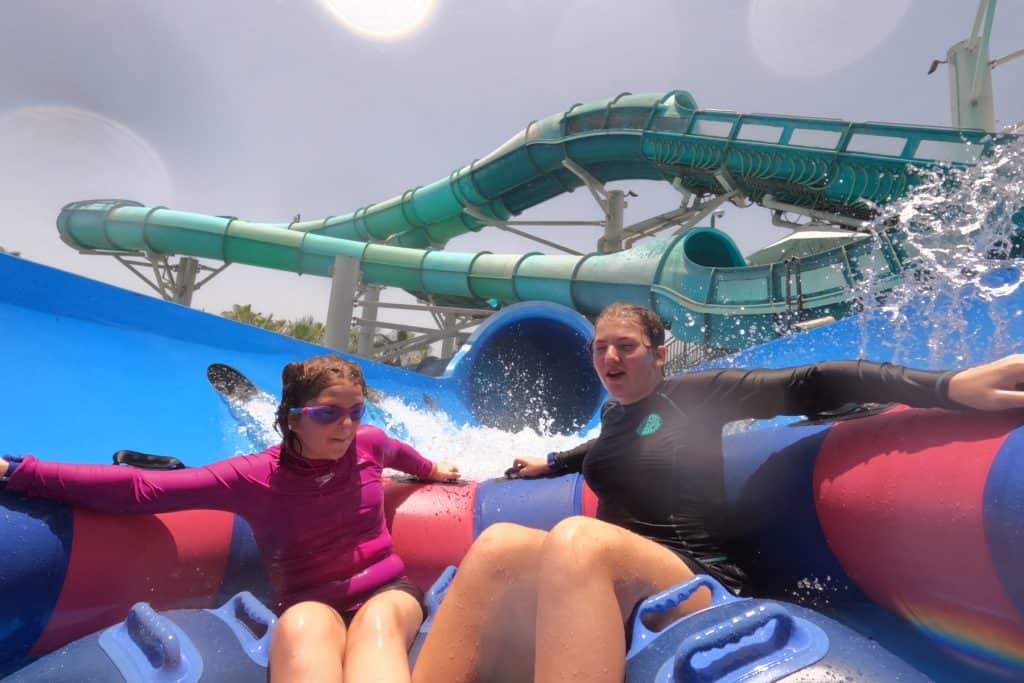 My daughters getting a drenching on the Shickwave group ride water slide at Aquaventure World in Dubai