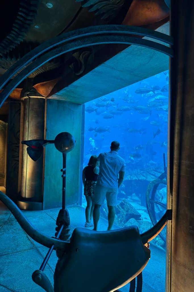 My husband and daughter looking into a tank in the Lost World Aquarium