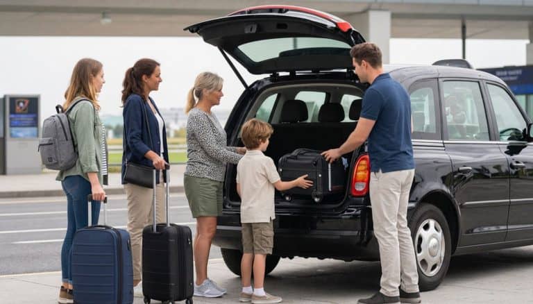 Family arriving at an airport in a taxi and unloading their bags from the boot