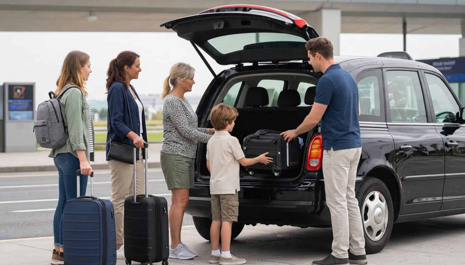 Family arriving at an airport in a taxi and unloading their bags from the boot