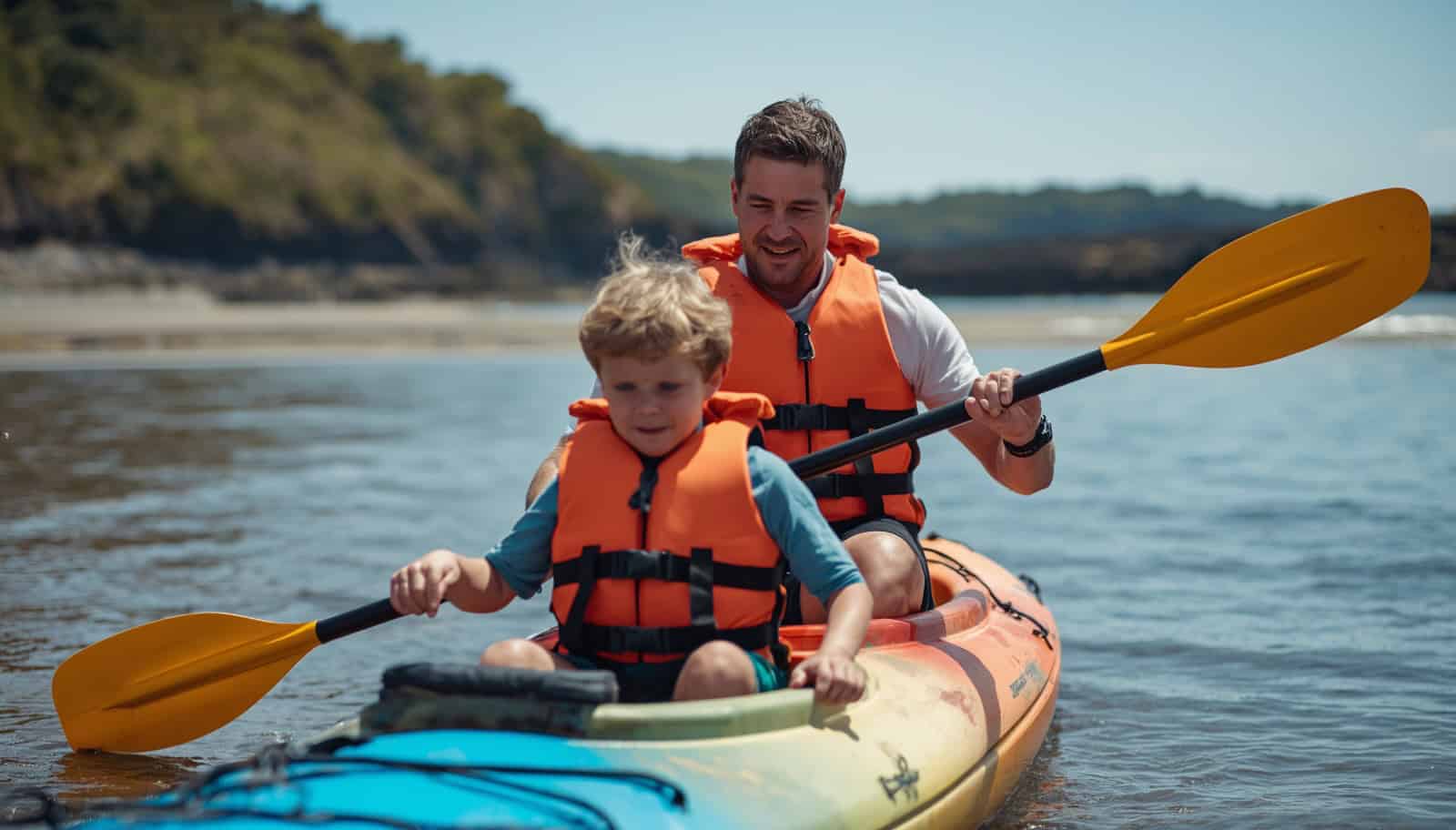 Father and son kayaking on a sunny, calm Welsh beach