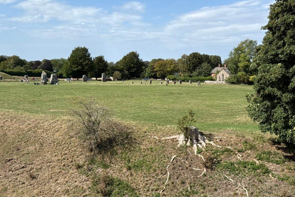 A wide angle shot of the stone circle at Avebury